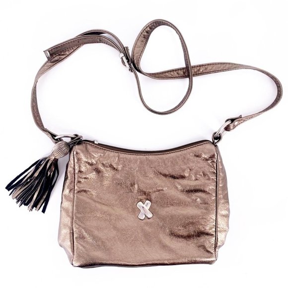 Vintage Handbags - Vintage Genuine Leather Bronze Adjustable Strap Tassel Made In USA Purse